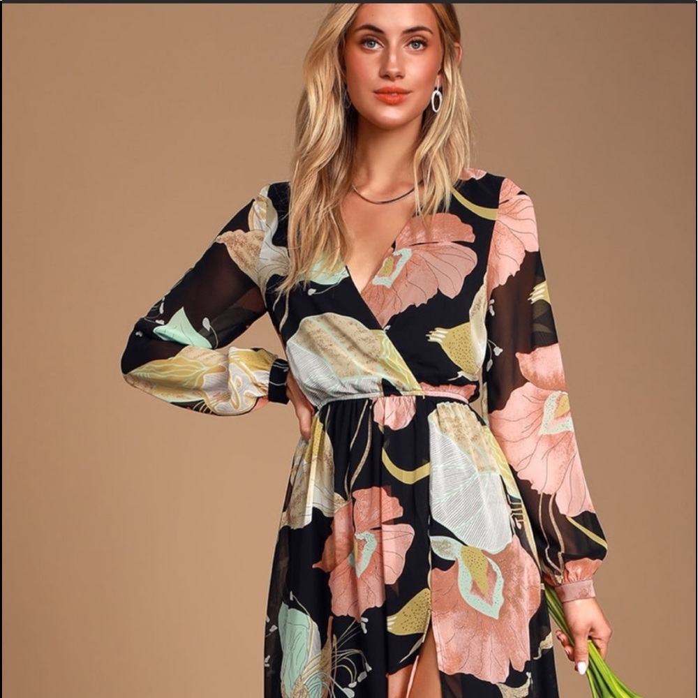 Lulus Wondrous Water Lilies Black Floral Dress - L
